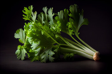 Celery closeup over black background. Leaves and stem of fresh organic green celery , AI Generated