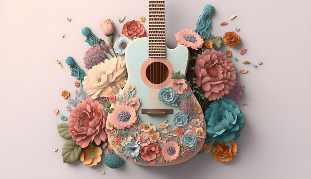 closeup for an acoustic bohemian guitar ,pastel colors,flower decoration -AI Generative 
