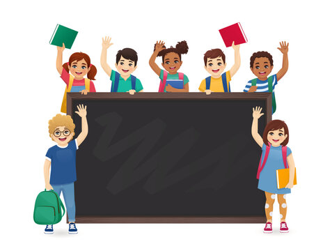 Smiling school children boys and girls with backpacks set near blackboard isolated vector illustration. Multiethnic cute kids waving with books.
