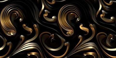 3D Render of black and gold swirls, tile pattern design, Created with generative AI tools