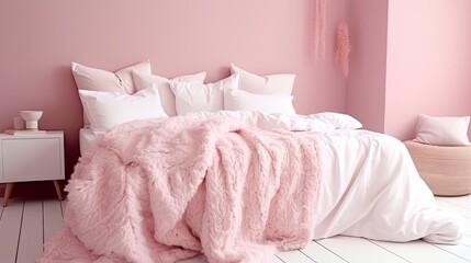 Powder pink interior designwith  pink bedsheets, bed bedroom, Created with generative AI tools