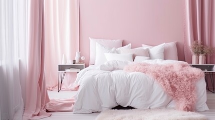 Powder pink interior designwith  pink bedsheets, bed bedroom, Created with generative AI tools