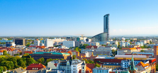 Panoramic view of Wroclaw with the skyscraper Sky Tower in the background. Wroclaw, Poland