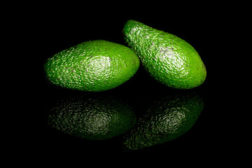 Two dark green ripe organic avocados, macro, isolated on black white background.