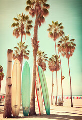Row of Surfboards on the Beach with Palm Trees and Blue Sky in the Background, AI Generated