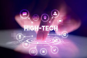 Finger touching tablet with web technology icons concept