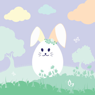 A cute Easter egg with bunny ears and a wreath in a spring meadow among flowers and butterflies, painted in a cartoon style. Vector illustration.