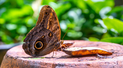Colorful butterfly is sitting and eating on the green plant leaf.