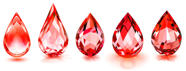 Set of big crystal drops in red color with glares and shadows