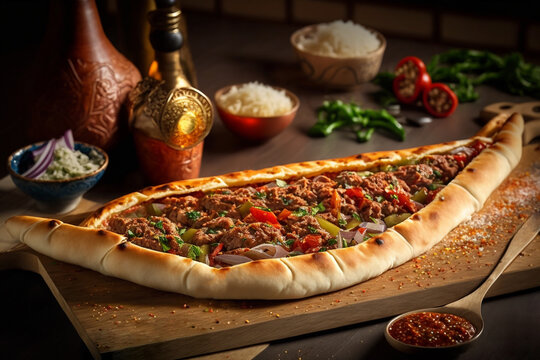 turkish pizza, pide, created by a neural network, Generative AI technology