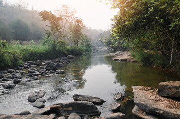 River stream waterfall in forest landscape, beautiful nature water stream with  rocks in the tropical forest little mountain waterfall water flowing and stone clear water in mountain river with tree