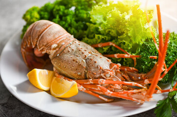 spiny lobster food on plate, fresh lobster or rock lobster seafood with herb and spices lemon coriander parsley lettuce salad, lobster for cooking food and seafood sauce