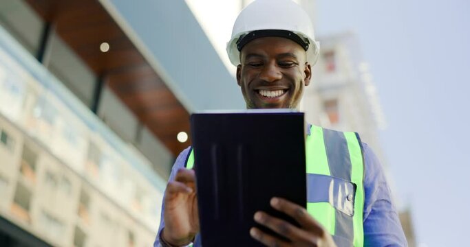 Tablet, engineering and happy man for construction job, project management or progress update. Typing, planning of black person or architecture contractor with digital technology in urban city below