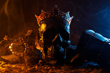 A golden crown with skull a dark background. Fantastic and fabulous plot. Panoramic view of the fog. Layout for your logo. A horizontal banner with a place to copy the cover image.