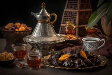 Fototapeta premium Close up variety of table with arabic food during iftar meal on ramadan AI generated