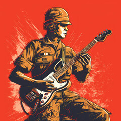 Veteran Soldier playing a guitar solo, Red background, Vector Art, Screen print.