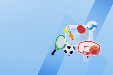 3d illustration of set sports. sport equipments on blue background. soccer, basketball, tennis, volleyball, table tennis copy space.