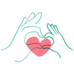 Hands forming heart turqoise and pink. Adult and child. Two hands. Vector icon. Vector illustration