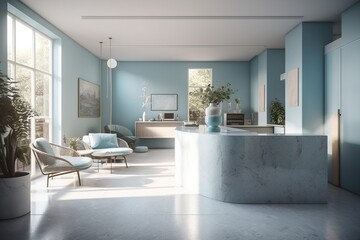 Obraz na płótnie Canvas A serene and calming medical clinic reception area with minimalist decor accents, featuring a white desk, comfortable white chairs, and a neutral sofa. generative ai