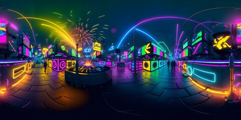 Photo of a vibrant and illuminated cityscape with fireworks in the background