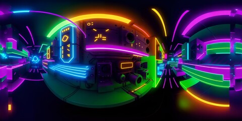 Photo of a futuristic room with neon lights and a clock