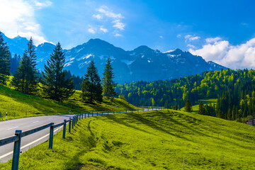 Road with snowy alps mountains, Schoenengrund, Hinterland, Appenzell Ausserrhoden Switzerland
