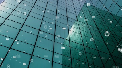 Business data analytic interface fly over smart city showing alteration future of business intelligence. Computer software and artificial intelligence are used to analyze big data for strategic plan .