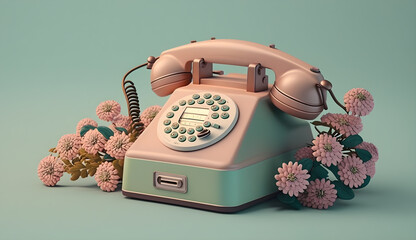 old fashioned phone with puce flowers -AI Generative 
