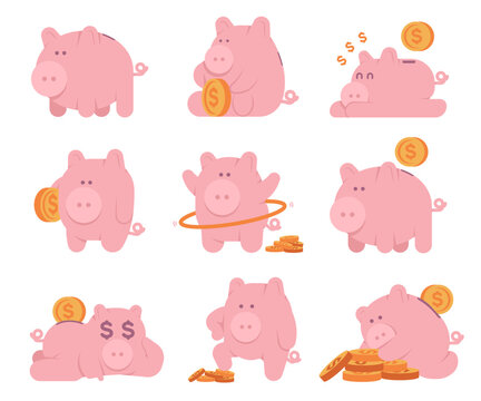 Cute piggy bank with gold coins vector cartoon characters set isolated on a white background.