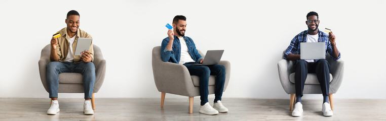 Online Payments. Different Men With Laptops And Digital Tablet Making Internet Shopping