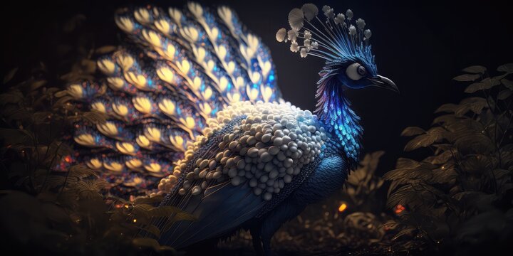 Illustration of Beautiful Peacock shining feathers on night background, peocock on night background, close up peocock 4k HD walpaper