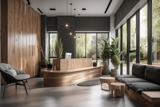 A stylish and minimalist medical clinic reception area with a warm wood reception desk and comfortable bench seating. generative ai