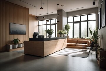 A stylish and minimalist medical clinic reception area with a warm wood reception desk and comfortable bench seating. generative ai - obrazy, fototapety, plakaty