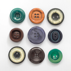 Set of retro plastic and wooden buttons on a white background. Top view.