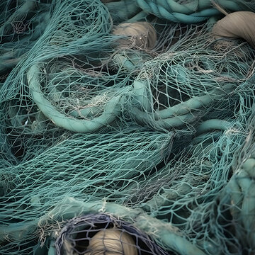 Detail View of Used Fishing Nets with Blurred Background