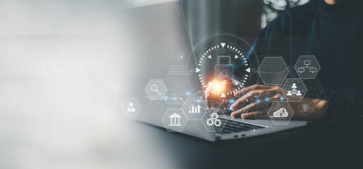 businesman is using laptop for cyber security protection , security login with key , user privacy security , encryption and data ,Cybersecurity and privacy concepts.