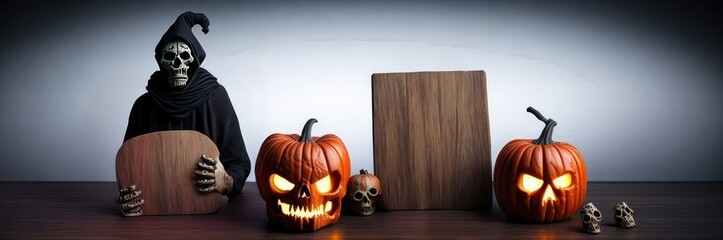 Skull dressed all in black, pumpkins on the floor on foggy background with piece of wood with writing space ideal for designer Generative AI