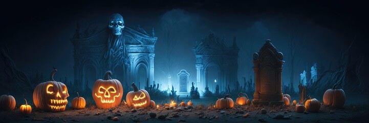 Pumpkins on the ground in the background a spooky cemetery Generative AI