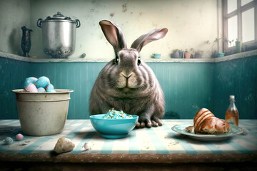 curious cute funny Easter Bunny at home, Easter Rabbit with colorful Easter Eggs on table, generative ai