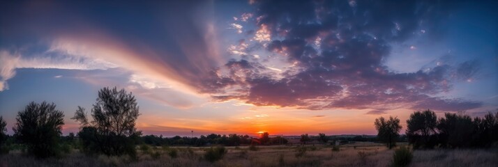 Beautiful sunset landscape, scenery with trees and breathtaking clouds, Created with generative AI tools
