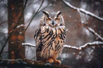 Fototapeta premium In the snow, a majestic eagle owl perches on a branch. Generative AI