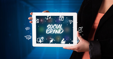 Person holding tablet, social network concept