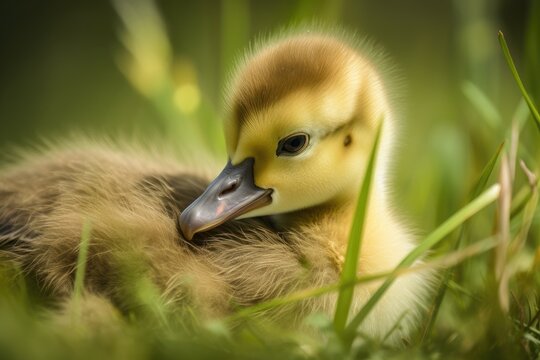 A little gosling is lying down in the grass. Generative AI