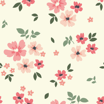 Seamless floral pattern, gentle ditsy print with cute spring flora. Pretty botanical design with a rustic motif: small hand drawn flowers, leaves on a light background. Vector illustration.