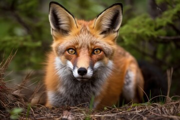 Naklejka na ściany i meble Wild red fox vulpes observed in the wild in northern Canada during the spring and summer months, with dirt around the wild animal smelling the ground. Generative AI