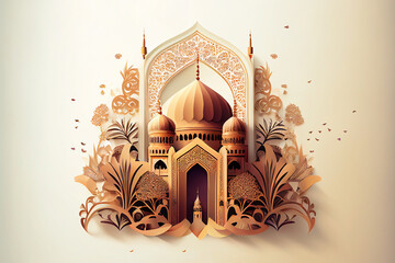 Illustration of Islamic theme design with floral motives for Ramadhan and Eid Fitri celebration as banner background created with Generative AI technology
