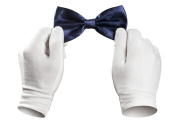 Hands in white gloves adjusting a bowtie cut out