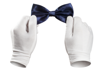 Hands in white gloves adjusting a bowtie cut out