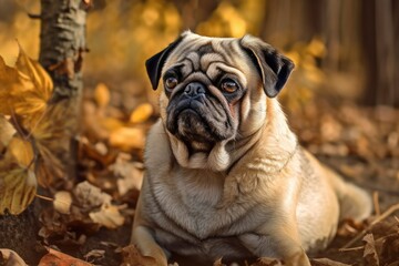 Obraz premium A young female pug breed sits on a blanket of dry yellow autumn leaves and late fall green grass. Real animal, gullible appearance. The emphasis is soft. Generative AI