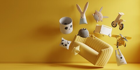 Kid room interior design concept sale on wall yellow colors background.